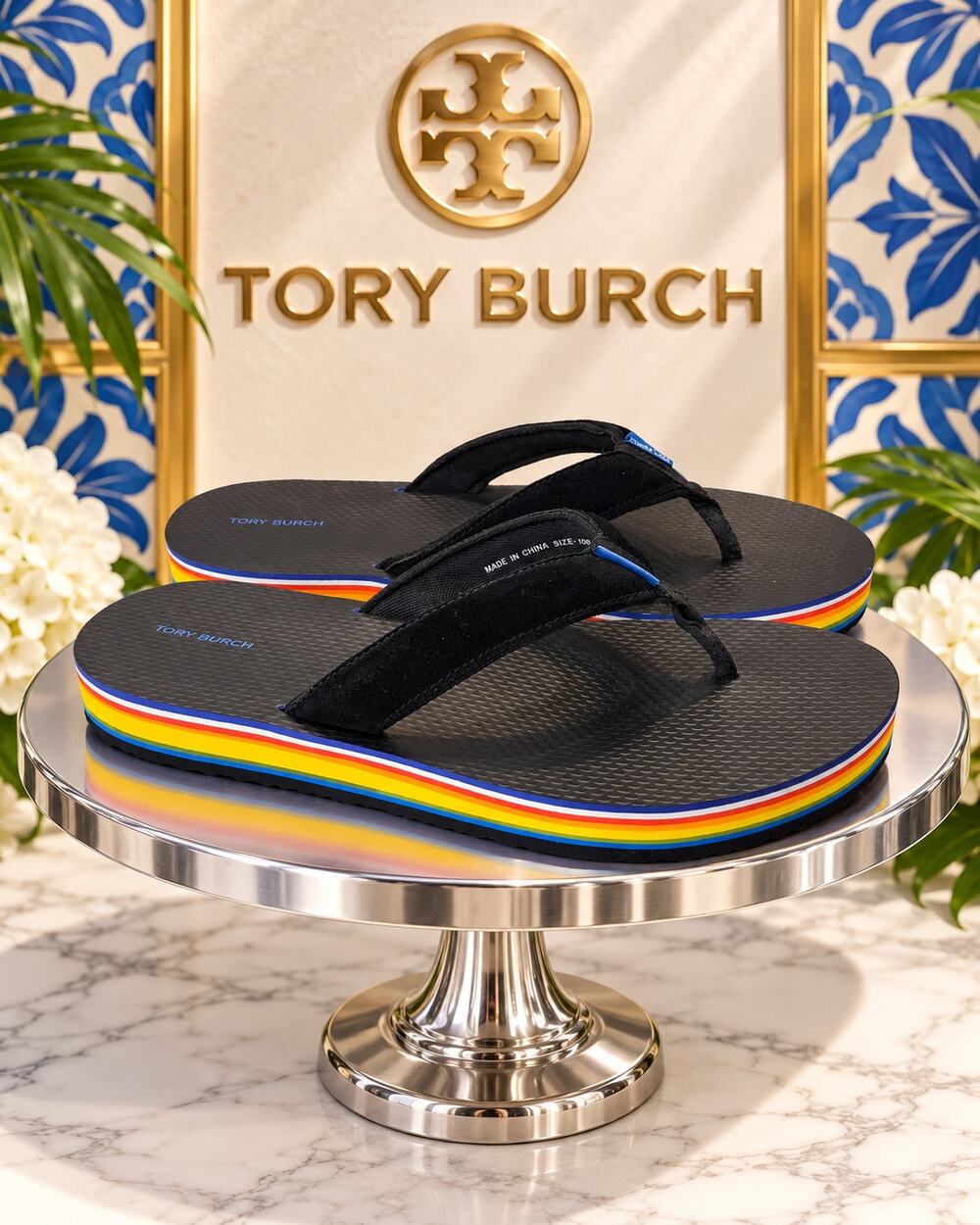 Tory Burch Seventies Platform Flip Flop Sandals Black Rainbow Women’s 13M